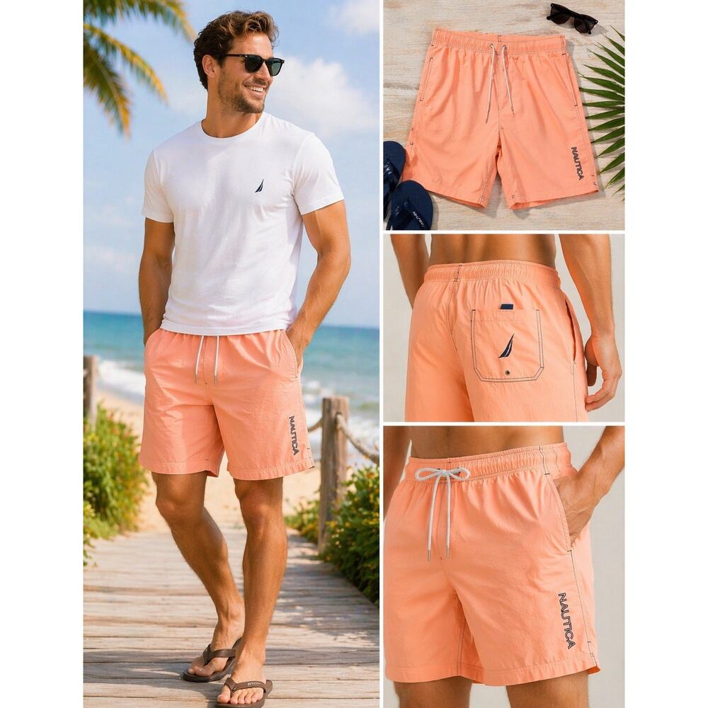 Nautica Swim Trunks Mens XL Peach Orange Drawstring Lined Beach Shorts Pockets